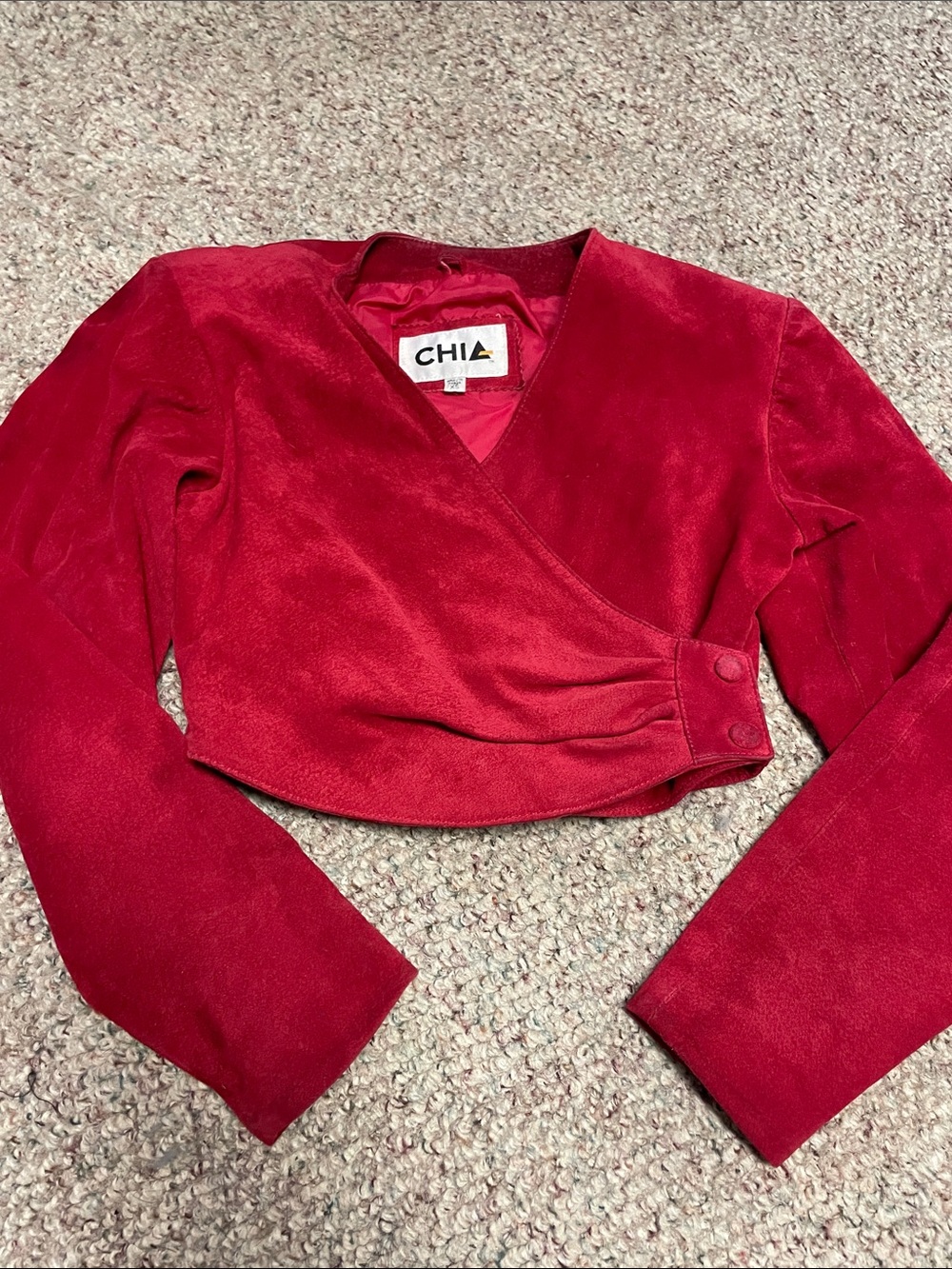 Vintage 80s suede Red Crop Wrap shoulder padded Jacket
